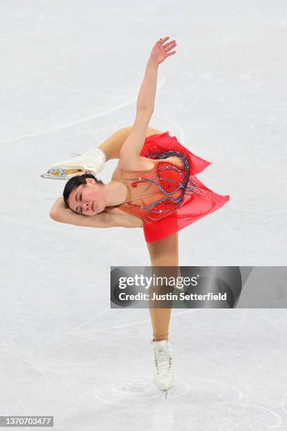 Alysa Liu of Team United States skates during the Women Single Skating Short Program on day eleven of the Beijing 2022 Winter Olympic Games at...