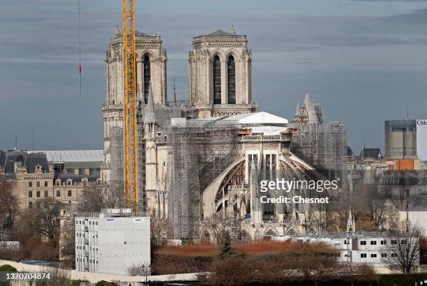 Notre-Dame de Paris Cathedral is seen almost three years after fire ravaged the emblematic monument on February 15, 2021 in Paris, France. On April...