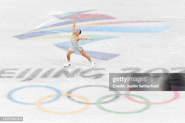 Wakaba Higuchi of Team Japan skates during the Women Single Skating Short Program on day eleven of the Beijing 2022 Winter Olympic Games at Capital...