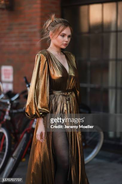 Elena Matei is seen outside Bronx and Banco during New York Fashion Week on February 11, 2022 in New York City.