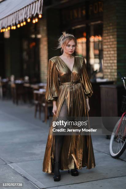 Elena Matei is seen outside Bronx and Banco during New York Fashion Week on February 11, 2022 in New York City.