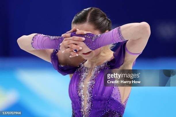 Kamila Valieva of Team ROC reacts after skating during the Women Single Skating Short Program on day eleven of the Beijing 2022 Winter Olympic Games...