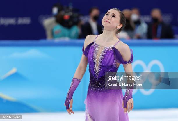 Kamila Valieva of Team ROC reacts after skating during the Women Single Skating Short Program on day eleven of the Beijing 2022 Winter Olympic Games...