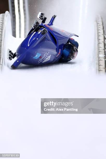 Brad Hall and Nick Gleeson of Team Great Britain crash during the 2-man Bobsleigh Heat 3 on day 11 of Beijing 2022 Winter Olympic Games at National...