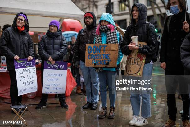 Staff and students form a picket line outside Bush House, King's College London, on February 15, 2022 in London, England. Thousands of UK university...