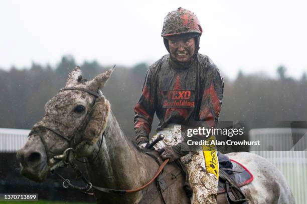 Wet and Muddy Bryony Frost after pulling up on Eclair De Guye in The Ultimate Cheltenham Festival Guide On attheraces.com/cheltenham Handicap Chase...