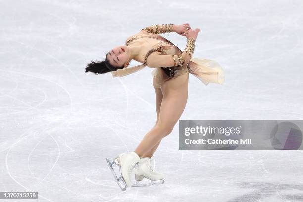 Kaori Sakamoto of Team Japan skates during the Women Single Skating Short Program on day eleven of the Beijing 2022 Winter Olympic Games at Capital...