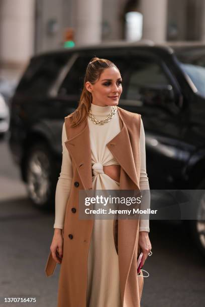 Olivia Palermo is seen outside PatBo during New York City Fashion Week on February 12, 2022 in New York City.