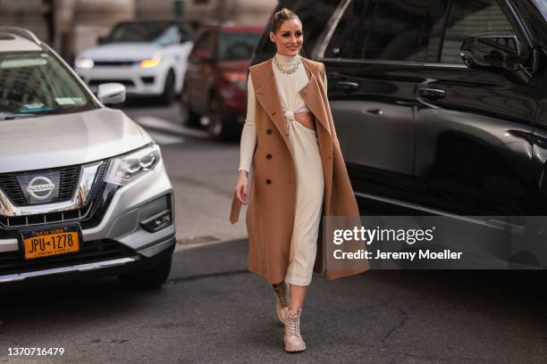 Olivia Palermo is seen outside PatBo during New York City Fashion Week on February 12, 2022 in New York City.