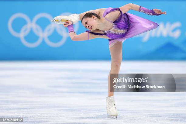 Kamila Valieva of Team ROC skates during the Women Single Skating Short Program on day eleven of the Beijing 2022 Winter Olympic Games at Capital...