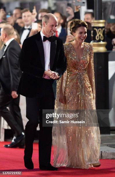 Prince William, Duke of Cambridge and Catherine, Duchess of Cambridge attend the "No Time To Die" World Premiere at Royal Albert Hall on September...