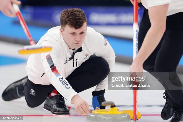 Bruce Mouat of Team Great Britain competes against Team Sweden during the Men’s Curling Round Robin Session on Day 11 of the Beijing 2022 Winter...