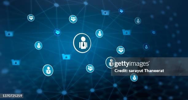 image of people in a networked organization of personnel symbols on a blue background. - delegating stock pictures, royalty-free photos & images