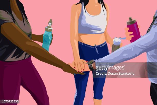 girl power team on outdoor exercise event - family health club stock illustrations