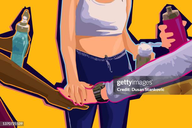 girl power team on outdoor exercise event - small group training stock illustrations