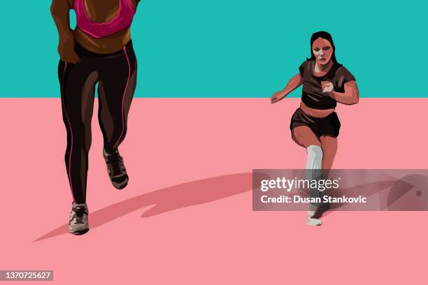 two female sprinters running on a track - women's track stock illustrations