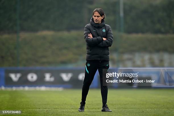 Head Coach Simone Inzaghi of FC Internazionale looks on during training session before the UEFA Champions League match between FC Internazionale...