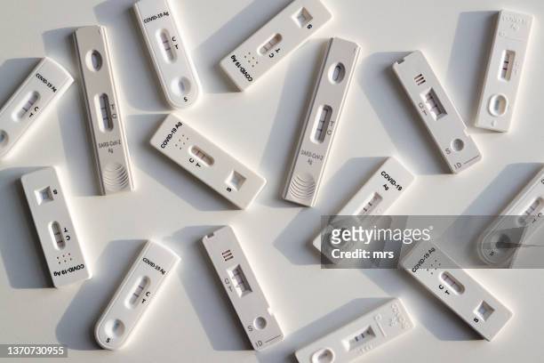 covid-19 rapid antigen tests on a white background - coronavirus test stock pictures, royalty-free photos & images