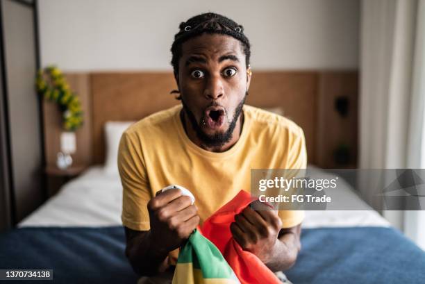 excited young man celebrating holding flag - watching soccer stock pictures, royalty-free photos & images