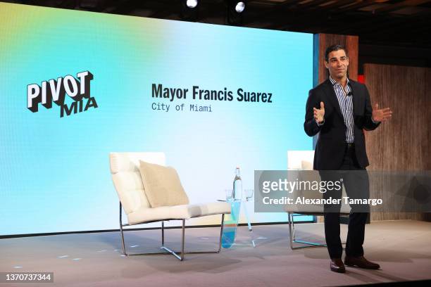 Mayor of Miami, Francis Suarez speaks on stage during Pivot MIA at 1 Hotel South Beach on February 15, 2022 in Miami, Florida.