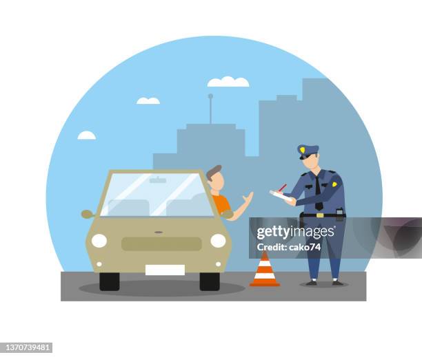 stockillustraties, clipart, cartoons en iconen met traffic cop and driver - verkeerspolitie