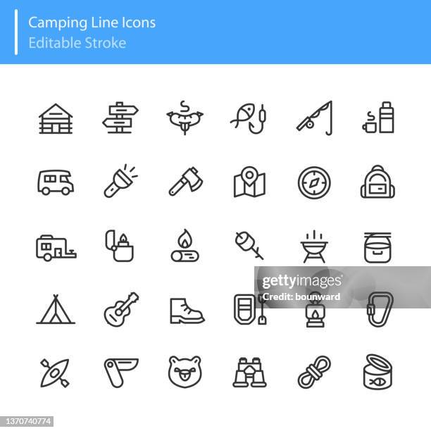 camping line icons editable stroke - flint stock illustrations