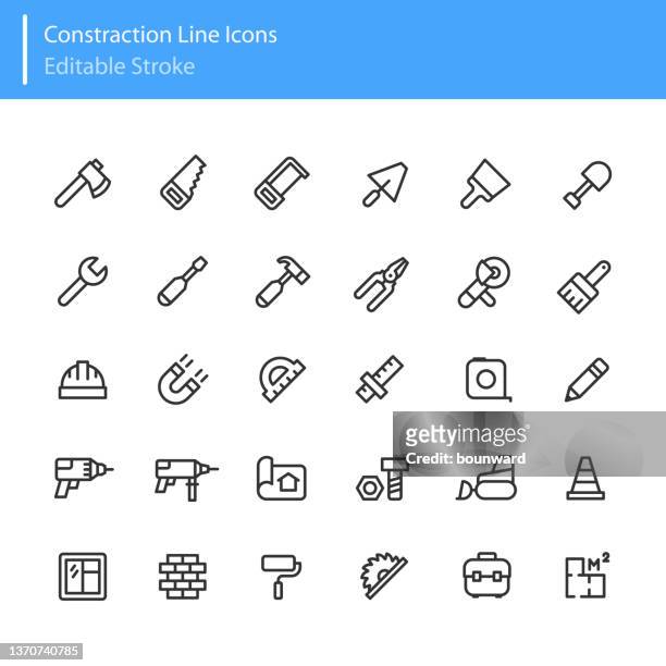 construction line icons editable stroke - hand saw stock illustrations