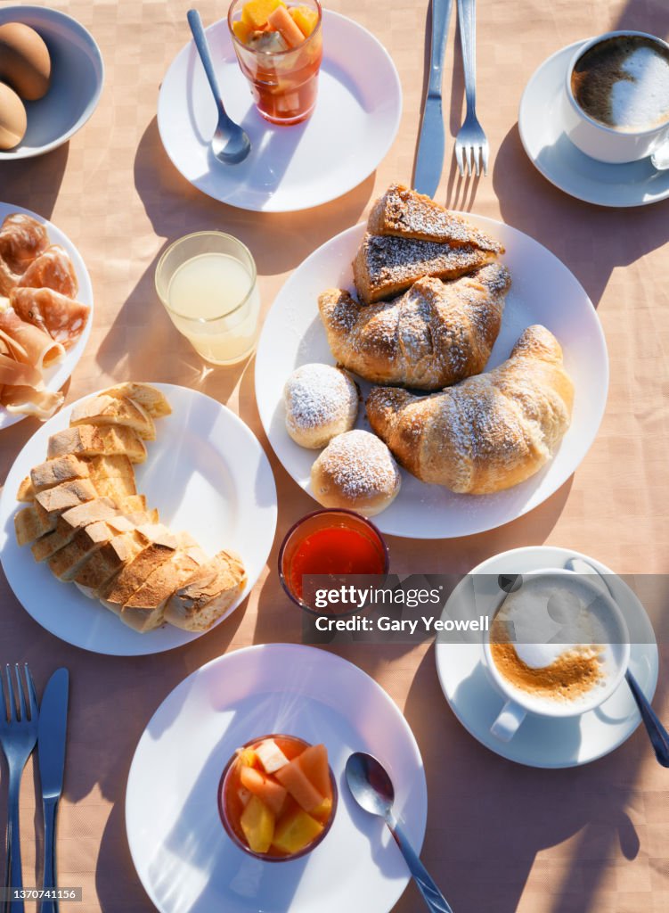 Continental breakfast with coffee, fruit and croissants