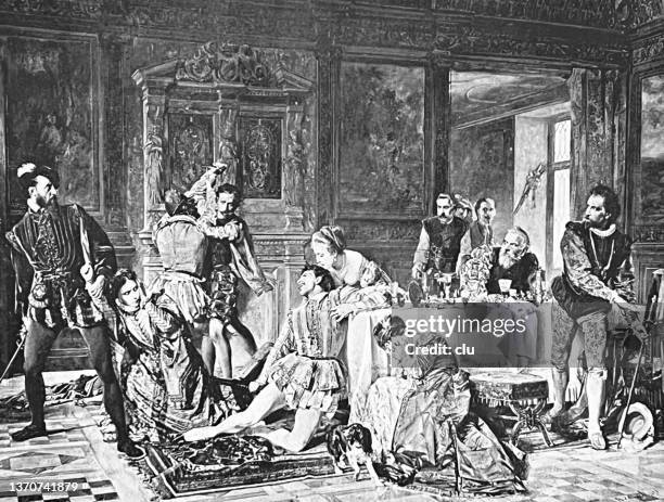 der rächer seiner ehre: mann ersticht einen anderen an einem esstisch - rache stock-grafiken, -clipart, -cartoons und -symbole