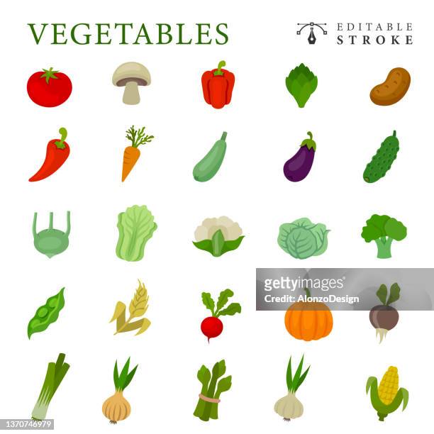 vegetables flat design icon set - iceberg lettuce stock illustrations
