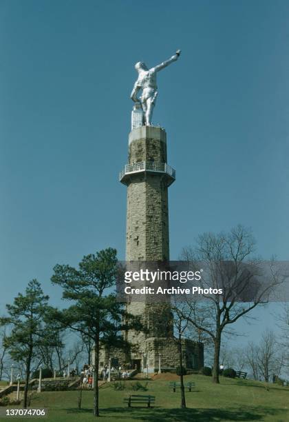 The Vulcan statue on Red Mountain, Birmingham, Alabama, November 1958. The world's largest cast iron statue, it is the symbol of the city.