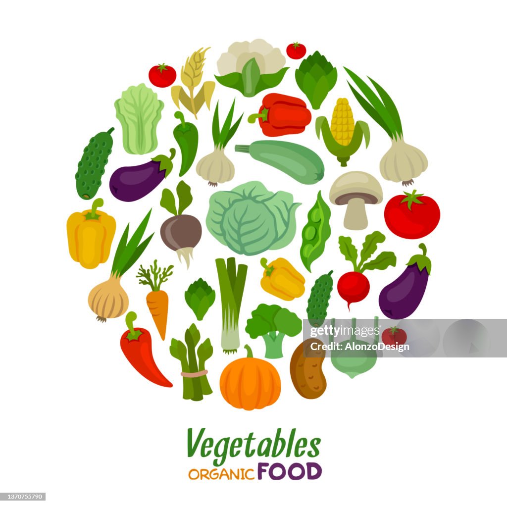 Composición redonda de verduras. Verduras frescas. Alimentos orgánicos.