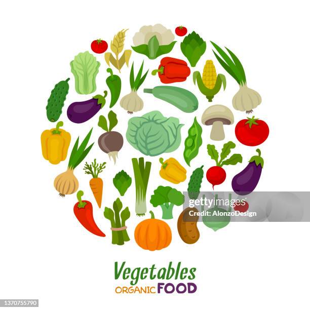 ilustrações, clipart, desenhos animados e ícones de composição redonda de legumes. vegetais frescos. comida orgânica. - crucíferas