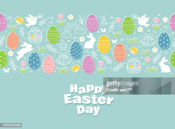 ilustraciones, imágenes clip art, dibujos animados e iconos de stock de iconos de patrones sin costuras de pascua con coloridos huevos, flores, conejitos y mariposas - easter egg