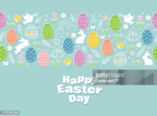 easter seamless pattern icons with colorful eggs, flowers, bunnies and butterfly - easter bunny 幅插畫檔、美工圖案、卡通及圖標