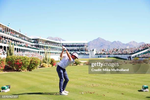 Joel Dahmen of the United States hits his tee shot on the 16th hole during the final round of the WM Phoenix Open at TPC Scottsdale on February 13,...