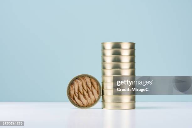 tinned fish, sardine cans stack - stackable stock pictures, royalty-free photos & images