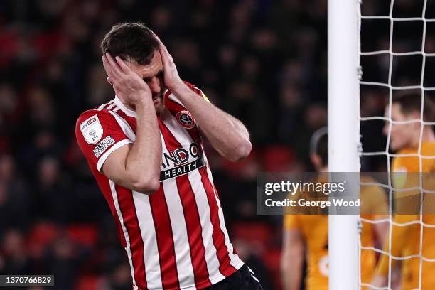 Jack Robinson of Sheffield United reacts after a missed chance during the Sky Bet Championship match between Sheffield United and Hull City at...