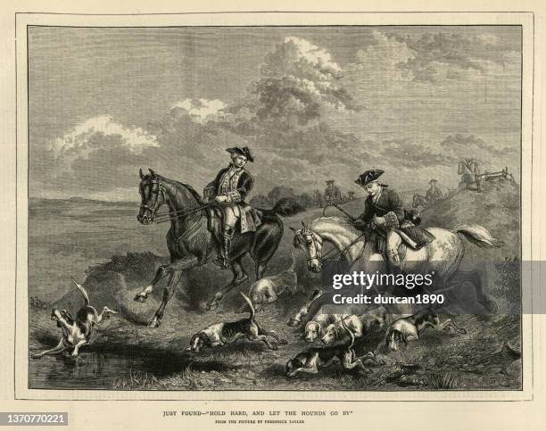 father teacher his teenage son to fox hunt, 18th century style - 19th century stock illustrations