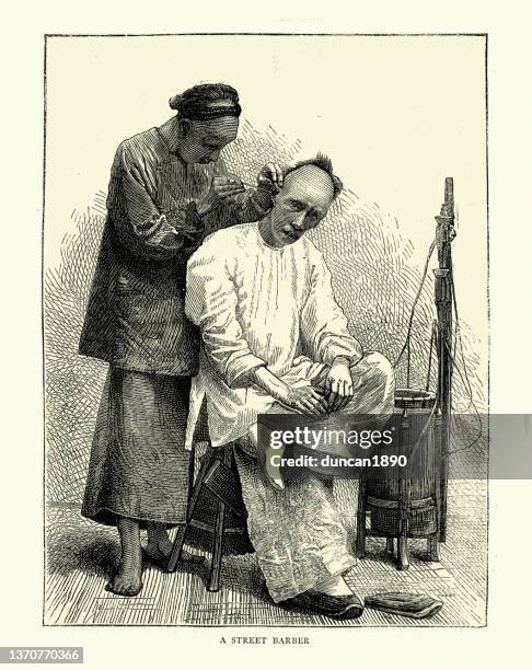chinese street barber cleaning a mans ears of wax, china, 1870s, 19th century - ear wax stock illustrations