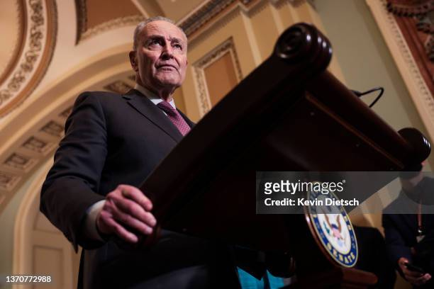 Senate Majority Leader Charles Schumer speaks to the media following the weekly Democratic policy luncheon at the U.S. Capitol on February 15, 2022...