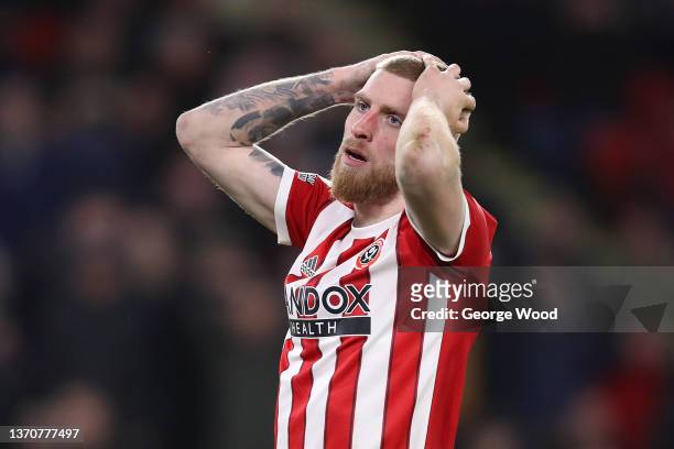 Oliver McBurnie of Sheffield United reacts after a missed chance during the Sky Bet Championship match between Sheffield United and Hull City at...