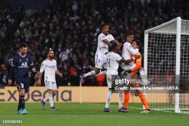 Lionel Messi of Paris Saint-Germain looks dejected following Thibaut Courtois of Real Madrid saved their penalty during the UEFA Champions League...