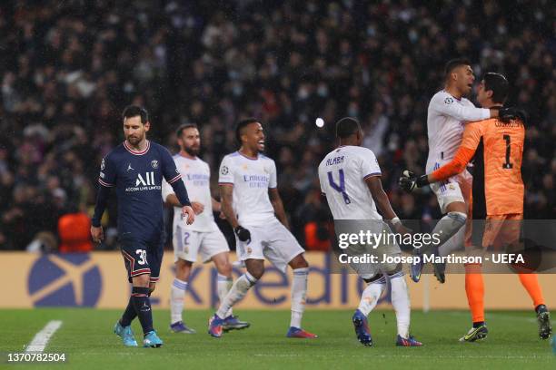 Lionel Messi of Paris Saint-Germain looks dejected following Thibaut Courtois of Real Madrid saved their penalty during the UEFA Champions League...