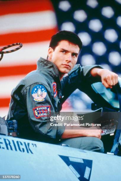 American actor Tom Cruise, as Lieutenant Pete 'Maverick' Mitchell, in a promotional portrait for 'Top Gun', directed by Tony Scott, 1986.