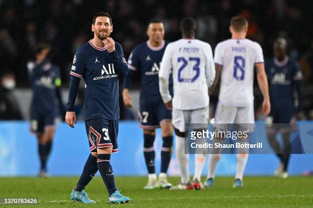 Lionel Messi of Paris Saint-Germain reacts during the UEFA Champions League Round Of Sixteen Leg One match between Paris Saint-Germain and Real...