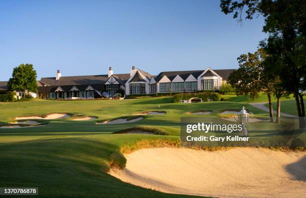 View of the Wanamaker trophy from the ninth hole at Southern Hills Country Club on August 10, 2021 in Tulsa, Oklahoma.