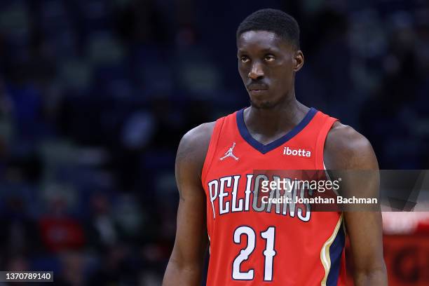 Tony Snell of the New Orleans Pelicans reacts during a game against the Toronto Raptors at the Smoothie King Center on February 14, 2022 in New...