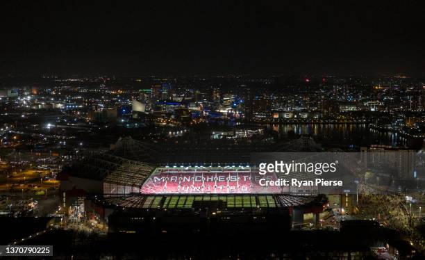 An aerial view of Old Trafford prior to the Premier League match between Manchester United and Brighton & Hove Albion at Old Trafford on February 15,...