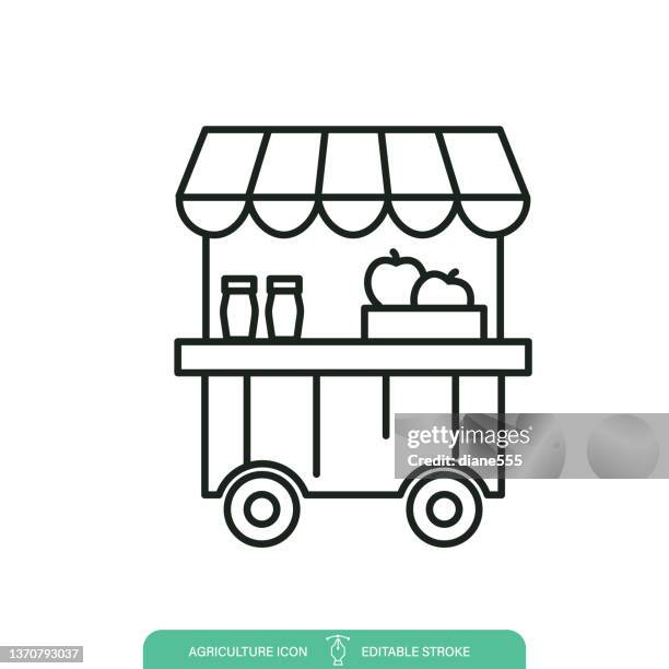 ilustraciones, imágenes clip art, dibujos animados e iconos de stock de carro del mercado del agricultor icono de la línea de agricultura en un fondo transparente - agricultural fair